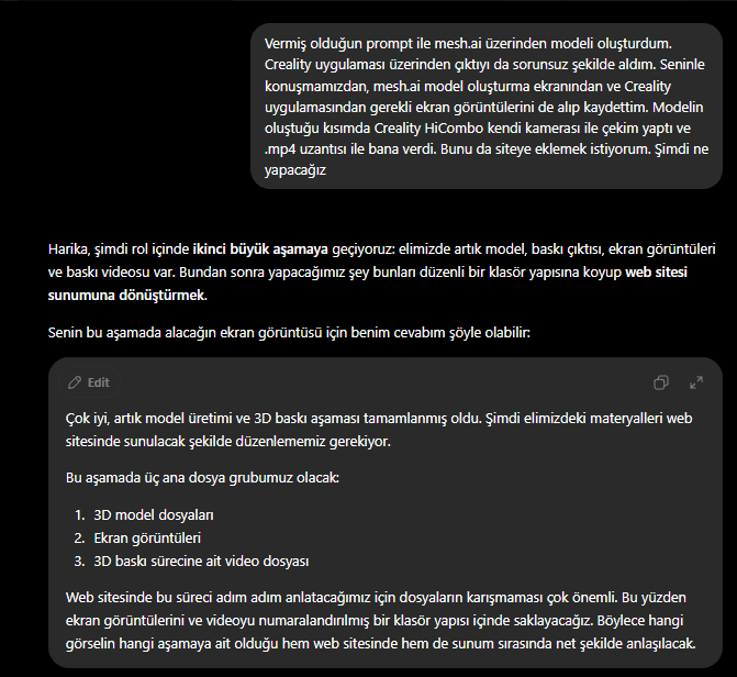 Baskı sonrası ChatGPT planlama ekranı